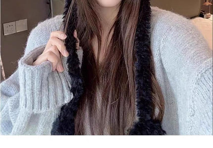 Cat Ear Bow Fluffy Knit Beanie