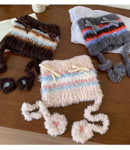 Cat Ear Bow Fluffy Knit Beanie