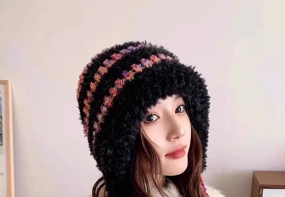 Striped Fluffy Knit Trapper Hat