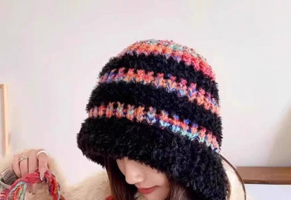 Striped Fluffy Knit Trapper Hat