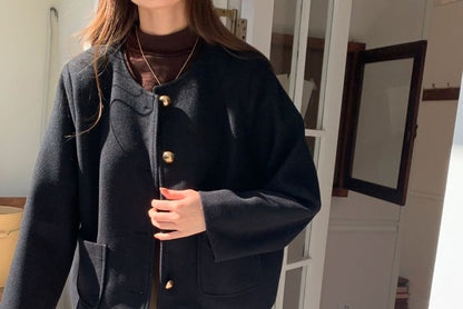 Button-Up Plain Woolen Jacket