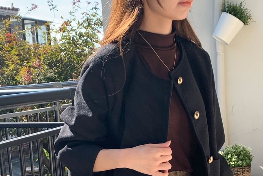 Button-Up Plain Woolen Jacket