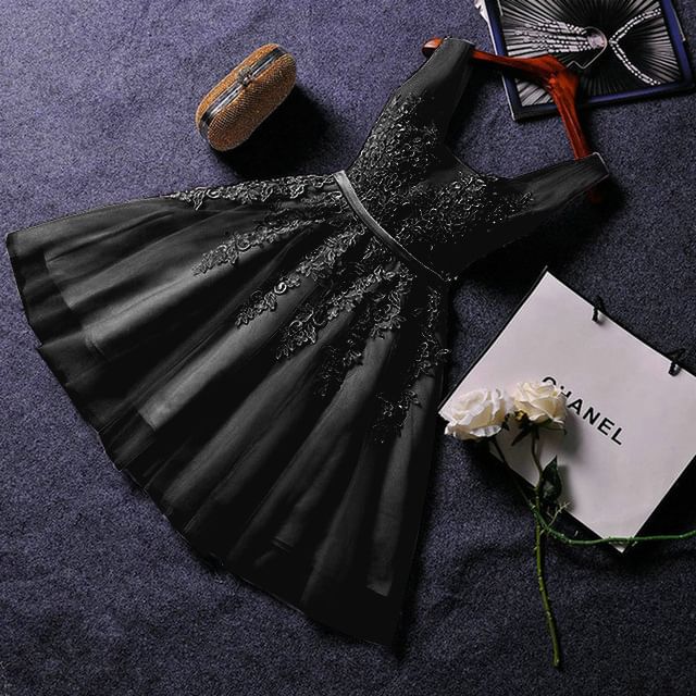 Sleeveless V-Neck Floral Applique Mesh Midi A-Line Cocktail Dress