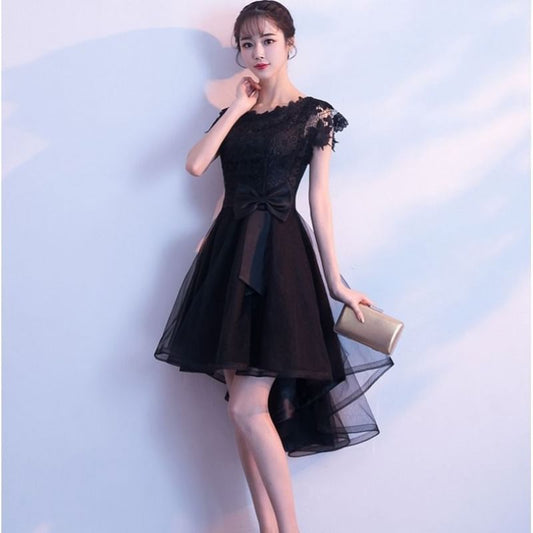 Cap Sleeve Round Neck Plain Bow High-Low Panel A-Line Cocktail Dress