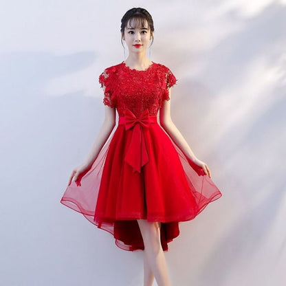Cap Sleeve Round Neck Plain Bow High-Low Panel A-Line Cocktail Dress