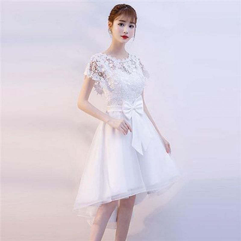 Cap Sleeve Round Neck Plain Bow High-Low Panel A-Line Cocktail Dress