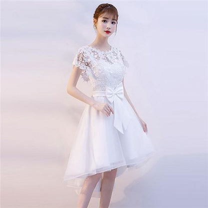 Cap Sleeve Round Neck Plain Bow High-Low Panel A-Line Cocktail Dress