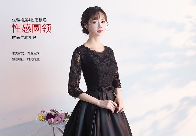 3/4 Sleeve Round Neck Plain Bow Lace Panel Satin A-Line Evening Gown