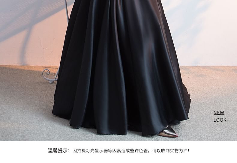 Evening Neck Lace Gown Bow A-Line Round Plain Satin Sleeve 3/4 Panel