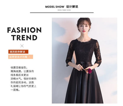 3/4 Sleeve Round Neck Plain Bow Lace Panel Satin A-Line Evening Gown