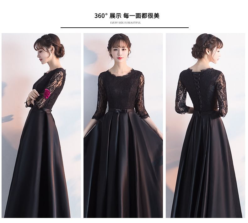 Evening Neck Lace Gown Bow A-Line Round Plain Satin Sleeve 3/4 Panel