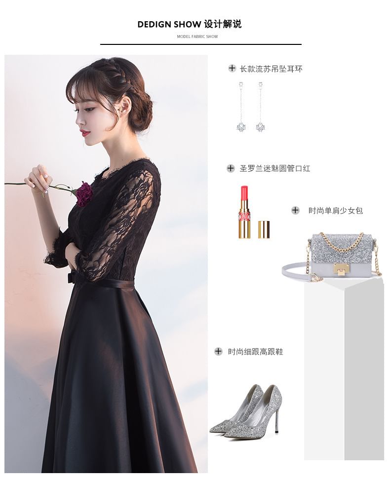 3/4 Sleeve Round Neck Plain Bow Lace Panel Satin A-Line Evening Gown