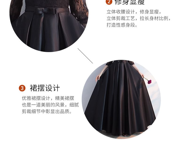 Evening Neck Lace Gown Bow A-Line Round Plain Satin Sleeve 3/4 Panel