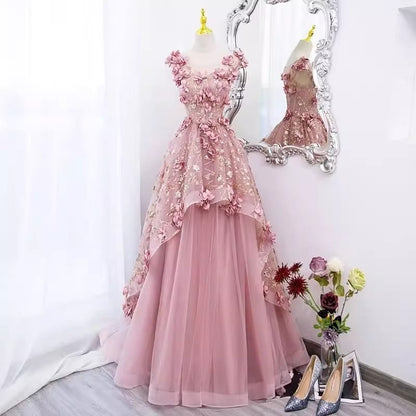 Sleeveless Round Neck Floral Applique Panel Mesh A-Line Evening Gown