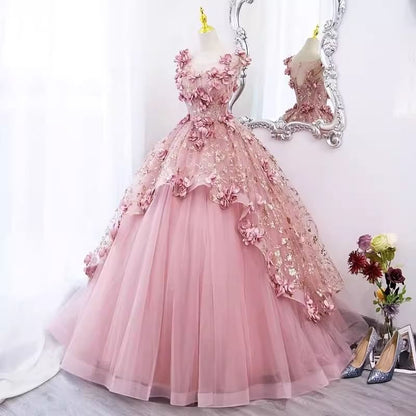 Sleeveless Round Neck Floral Applique Panel Mesh A-Line Evening Gown
