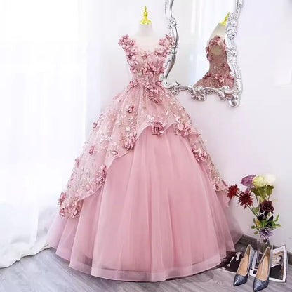 Sleeveless Round Neck Floral Applique Panel Mesh A-Line Evening Gown