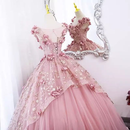 Sleeveless Round Neck Floral Applique Panel Mesh A-Line Evening Gown