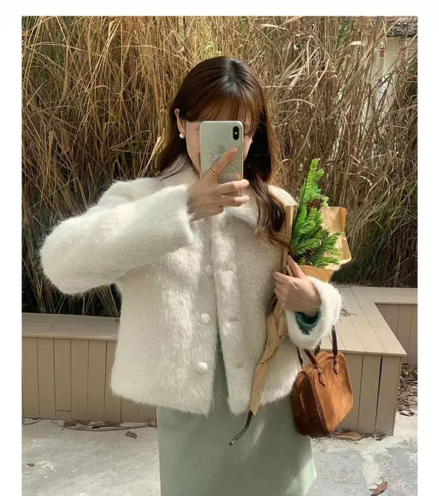 Collar Plain Fluffy Button Jacket