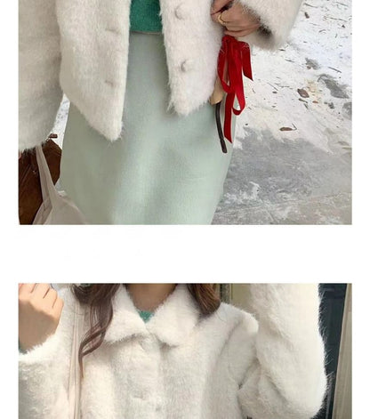 Collar Plain Fluffy Button Jacket
