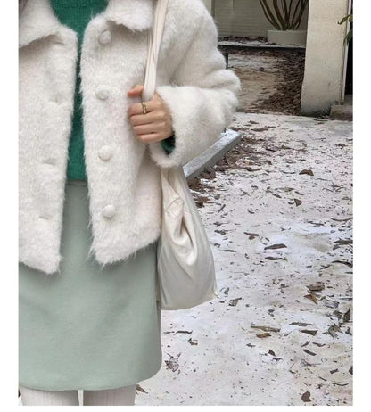 Collar Plain Fluffy Button Jacket