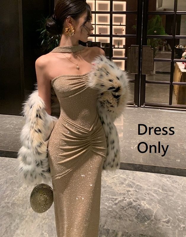 Choker-Neck Glitter Shirred Mermaid Evening Gown