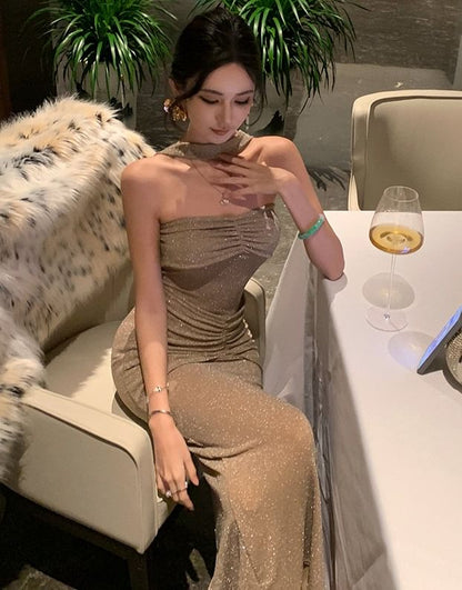 Choker-Neck Glitter Shirred Mermaid Evening Gown