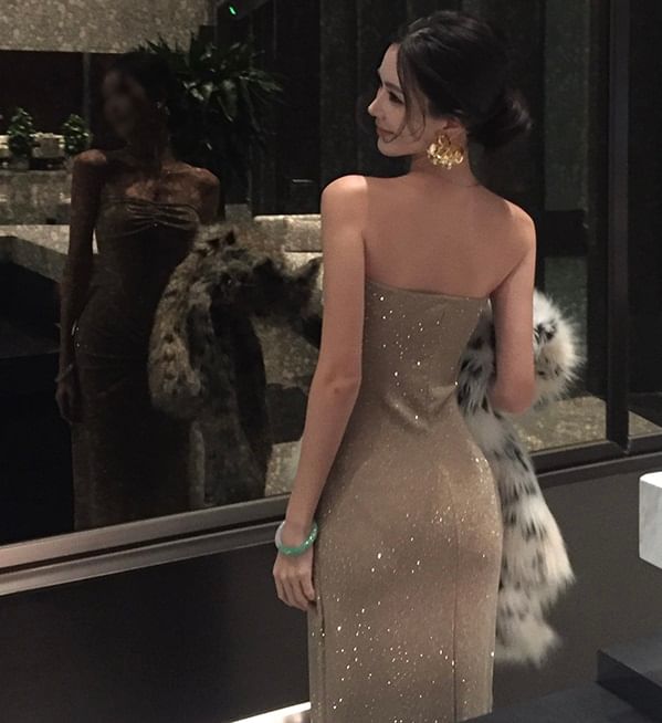 Choker-Neck Glitter Shirred Mermaid Evening Gown