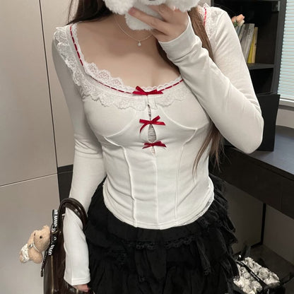 Long-Sleeve Square Neck Lace Trim Top