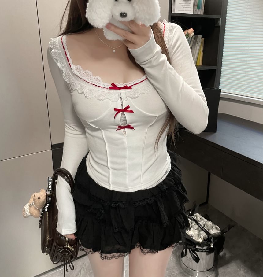 Long-Sleeve Square Neck Lace Trim Top