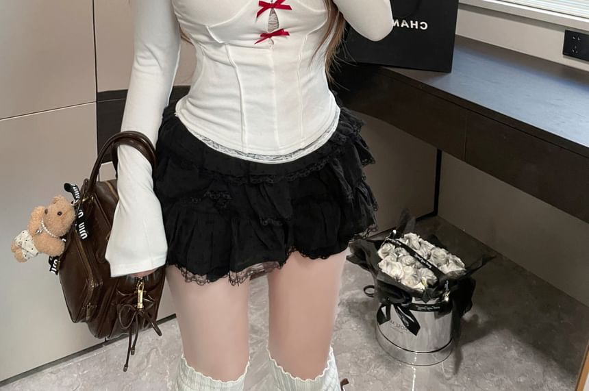 Long-Sleeve Square Neck Lace Trim Top