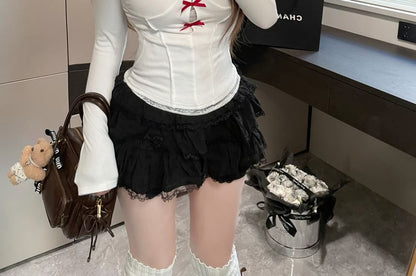 Long-Sleeve Square Neck Lace Trim Top