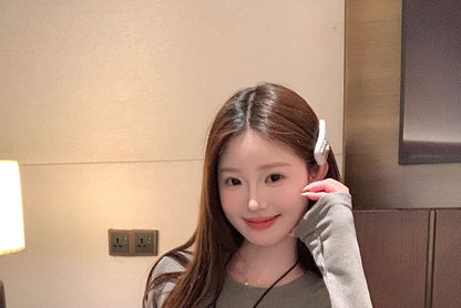 Long-Sleeve Crewneck Ruffle Plain Top