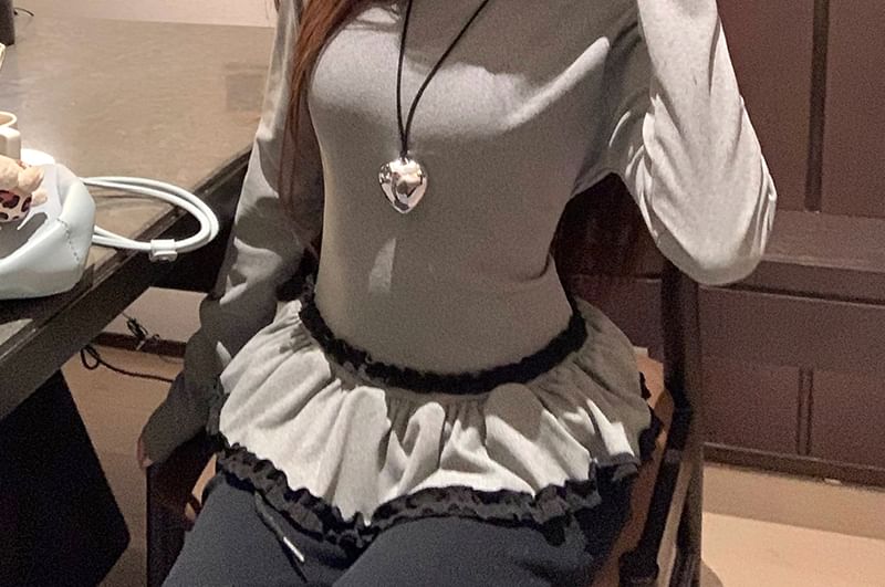 Long-Sleeve Crewneck Ruffle Plain Top