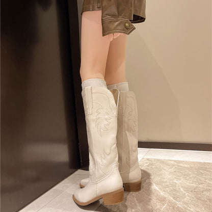 Faux Leather Chunky Heel Cowboy Boots