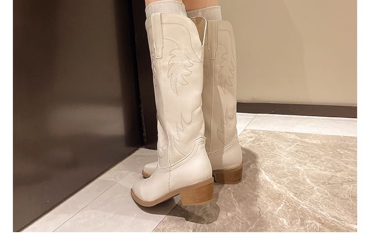 Faux Leather Chunky Heel Cowboy Boots