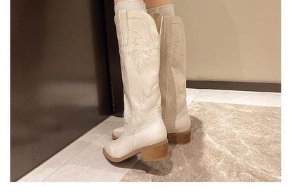 Faux Leather Chunky Heel Cowboy Boots