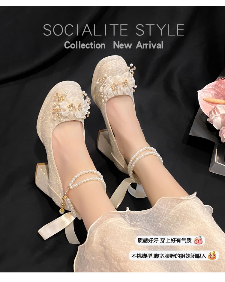 Faux Pearl Floral Platform Chunky Heel Mary Jane Shoes