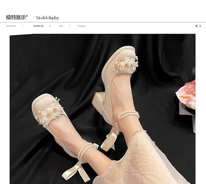 Faux Pearl Floral Platform Chunky Heel Mary Jane Shoes