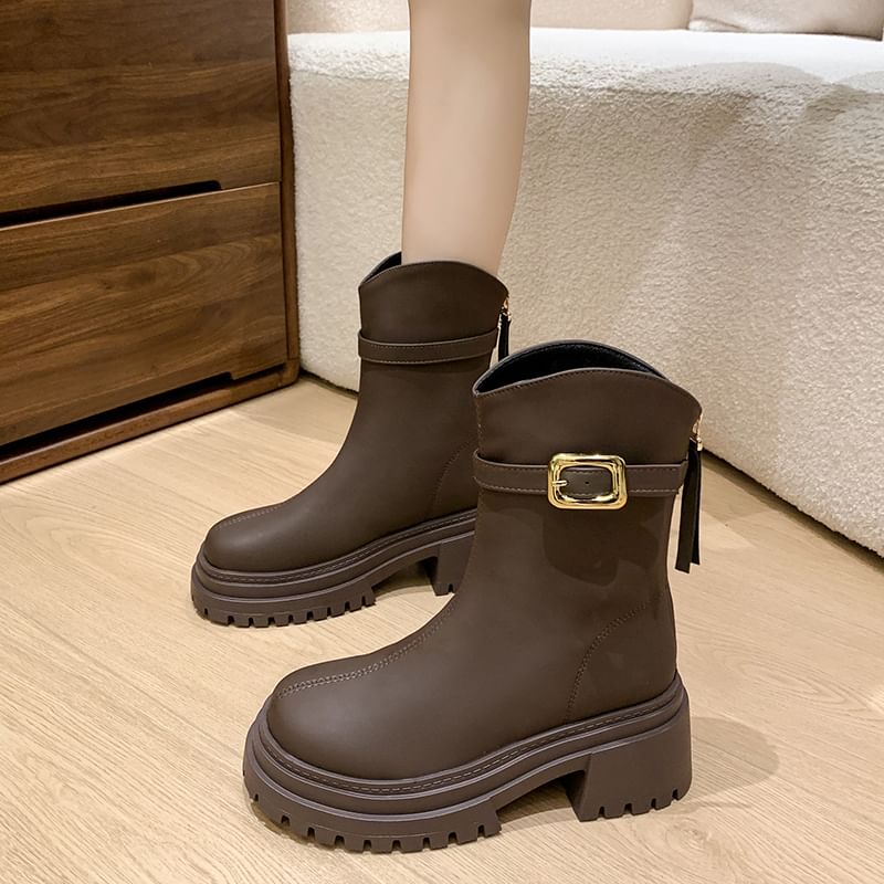 Chunky Heel Buckled Short Boots