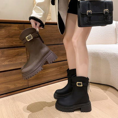 Chunky Heel Buckled Short Boots