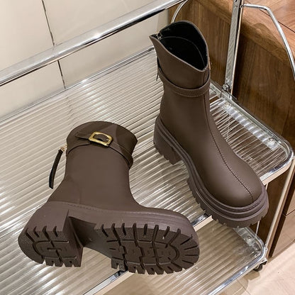 Chunky Heel Buckled Short Boots