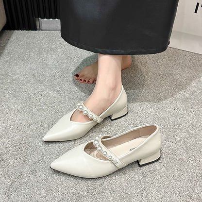 Pointy Faux Peral Strap Low Heel Mary Jane Shoes