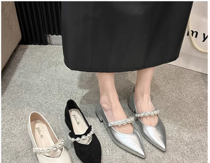 Pointy Faux Peral Strap Low Heel Mary Jane Shoes