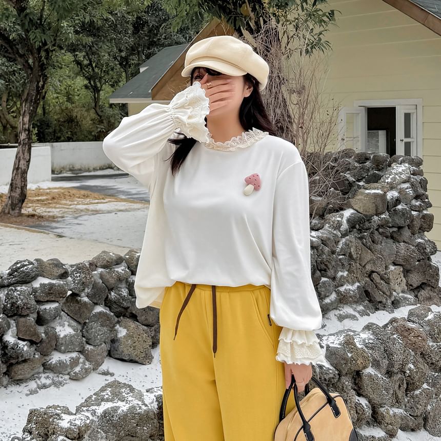 Plus Size Long-Sleeve Round Neck Lace Trim Mushroom Detail Top