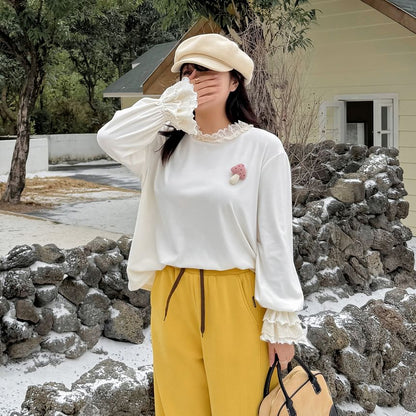 Plus Size Long-Sleeve Round Neck Lace Trim Mushroom Detail Top