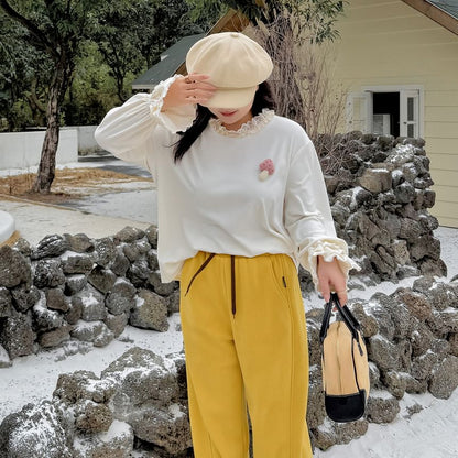 Plus Size Long-Sleeve Round Neck Lace Trim Mushroom Detail Top