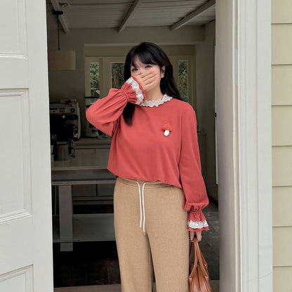 Plus Size Long-Sleeve Round Neck Lace Trim Mushroom Detail Top