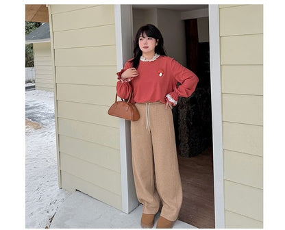 Plus Size Long-Sleeve Round Neck Lace Trim Mushroom Detail Top