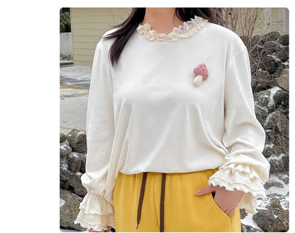 Plus Size Long-Sleeve Round Neck Lace Trim Mushroom Detail Top