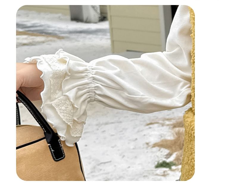 Plus Size Long-Sleeve Round Neck Lace Trim Mushroom Detail Top